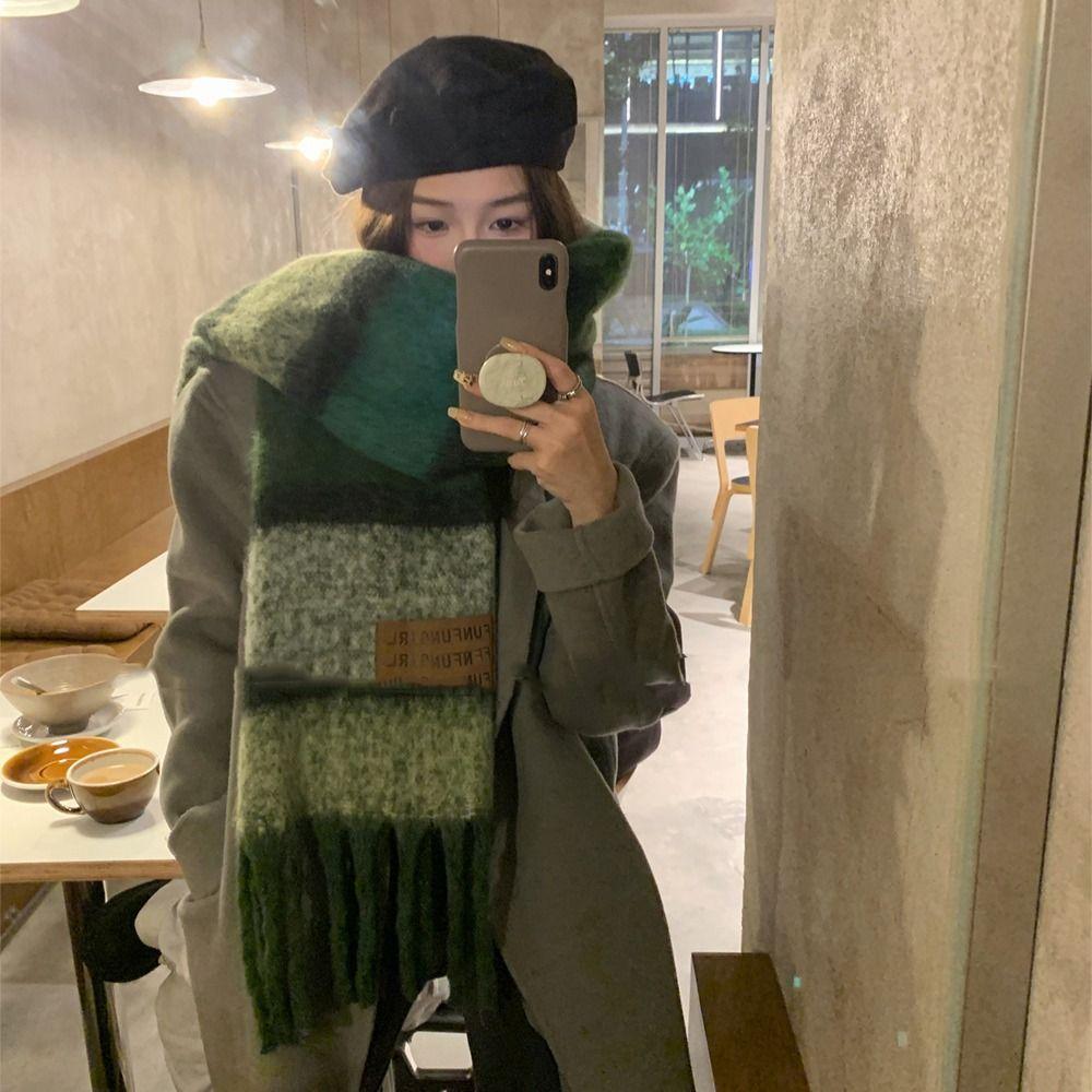 Windproof Knitted Stripe Scarf Thickened Long Wool Tassel Scarf Women's Cashmere Shawl Student