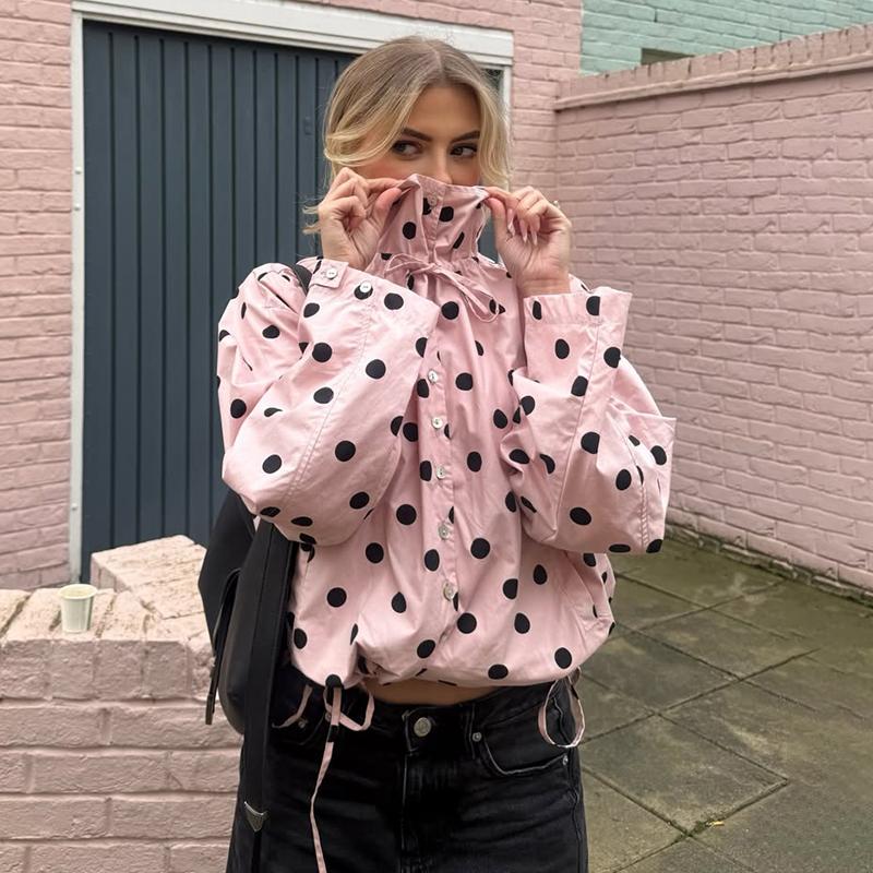 Women Polka Dot Jacket Vintage Stand Collar Cropped Jackets Zip Up Coat Casual Fashion Coat Fall Spring Jacket with Pockets