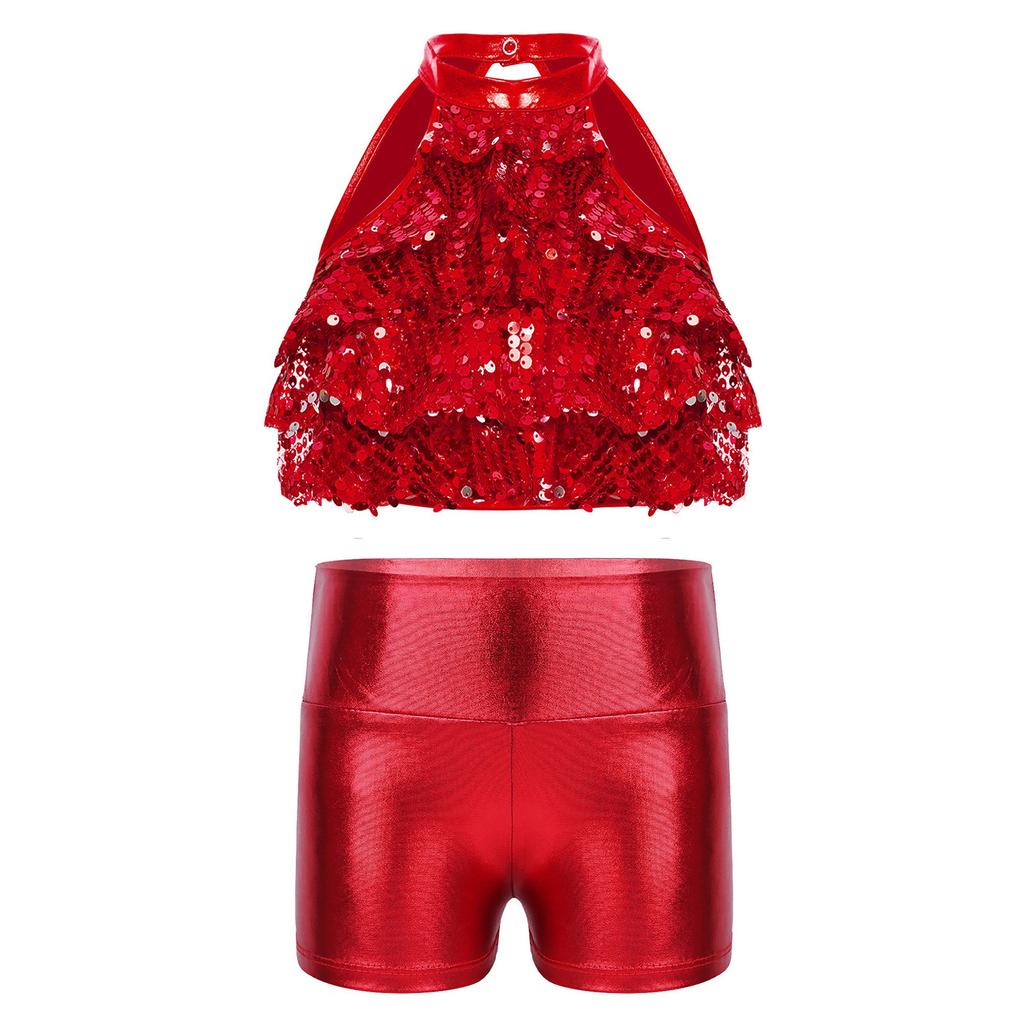 Top Corto da Bambina con Collo Alto Senza Maniche e Paillettes Pantaloncini Stratificati Lucidi Metallici Outfit per Danza sul Palco