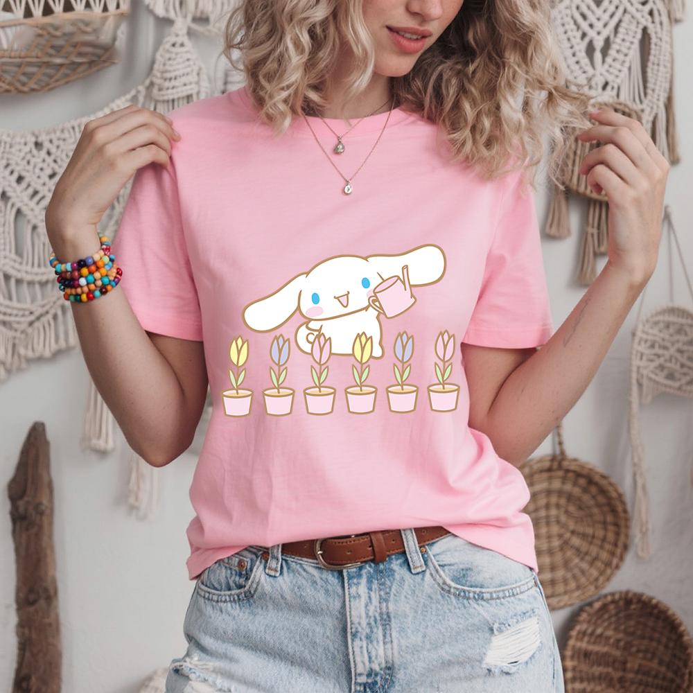 

2026 Summer Cinnamoroll Spring Gardening Print Cotton T Shirt for Women Casual Comfort Soft Daily Wear Top S