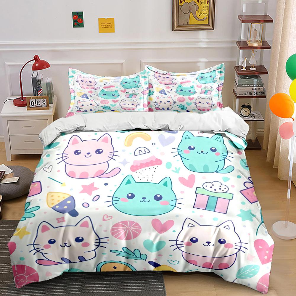 Cartoon Cats with Cute Print Bedding Set for Kids Luxury Gift 3pcs Digital Print Comforter Set Soft Comfortable Breathable