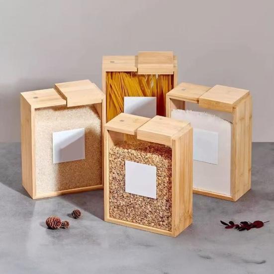 Bambusový dávkovač cereálií s průhledným okénkem, dávkovač potravin s posuvným víkem, nádoba na suché potraviny pro rýži, mouku, těstoviny, snacky, organizace spíže a pracovní desky