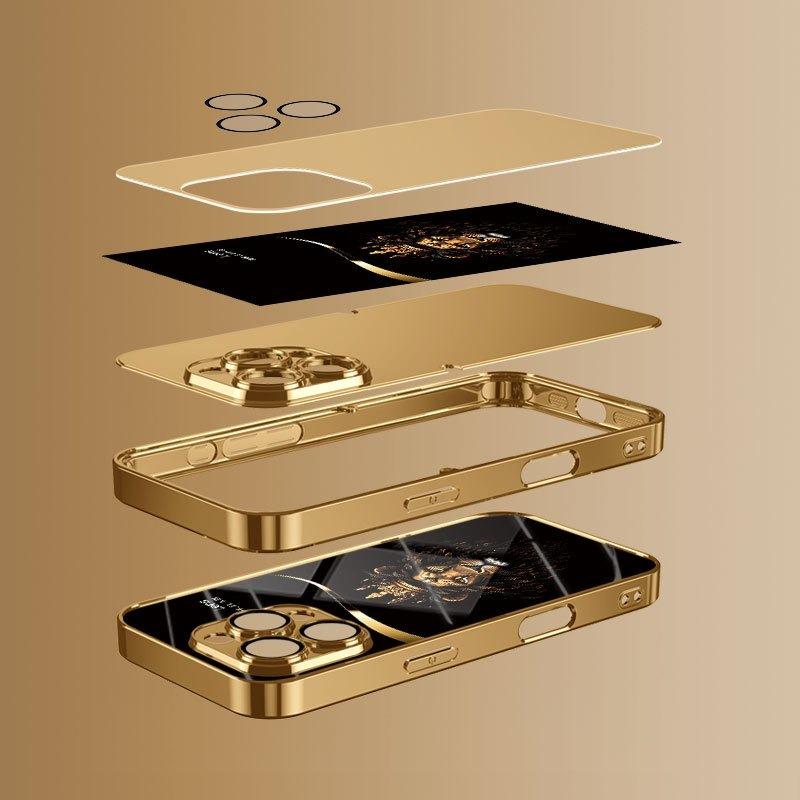 Custodia in Vetro con Fantasia Leone Corona Raffinata Vernice Metallica Oro Per iPhone 11 12 13 14 15 16 17 Pro Max 14 Plus 17 Air 16E Cover