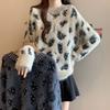 Autumn Winter Women's Mink Fleece Sweater Beaded Color Block Crew Neck Pullover Sweater Soft Warm Knit Top