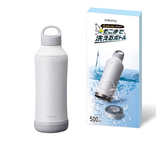 [So Washable Bottle] Doshisha Stainless Steel Water Bottle, 500ml, Vacuum Insulated, Keeps Drinks Hot or Cold, Easy to Wash, White, Sokomo