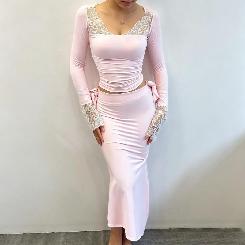 2026 Womens Sexy Lace Patchwork Slim Fit Long Sleeve T-Shirt Street Style Crop Top Daily Wear