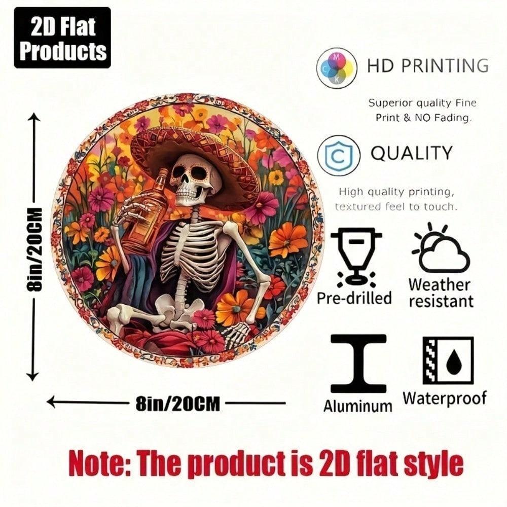 Skull Wine Metal Sign 8x8 Inch Round Aluminum 2D Flat Wall Art Decor for Home Bar Cafe Kitchen Office Holiday Gift