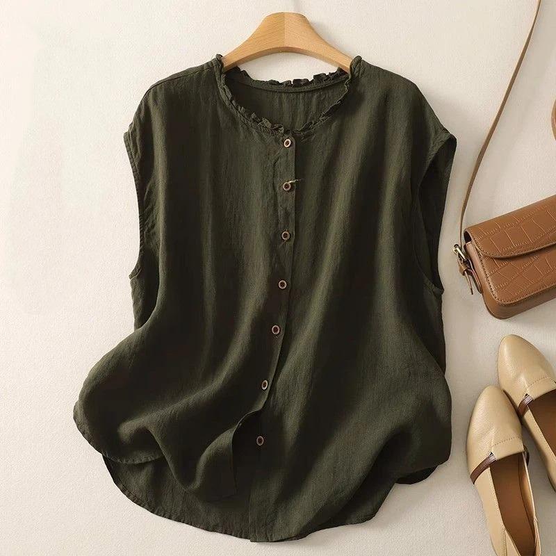 

solid color ruffle neck sleeveless linen button down blouse for women M зелёный