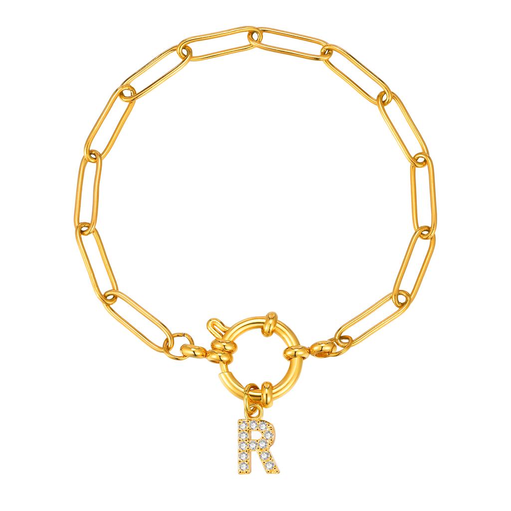 Bubble Buckle Zircon Initial A-Z Charm Bracelet, Stainless Steel Square Chain Bracelet for Women, 26 Letters Alphabet Jewelry