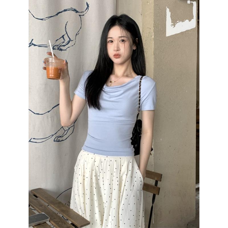 Spice Girl Solid Color Shoulder Slim and Thin T-shirt Summer Versatile Fashion Chic Pure Desire Style Sexy Niche Top