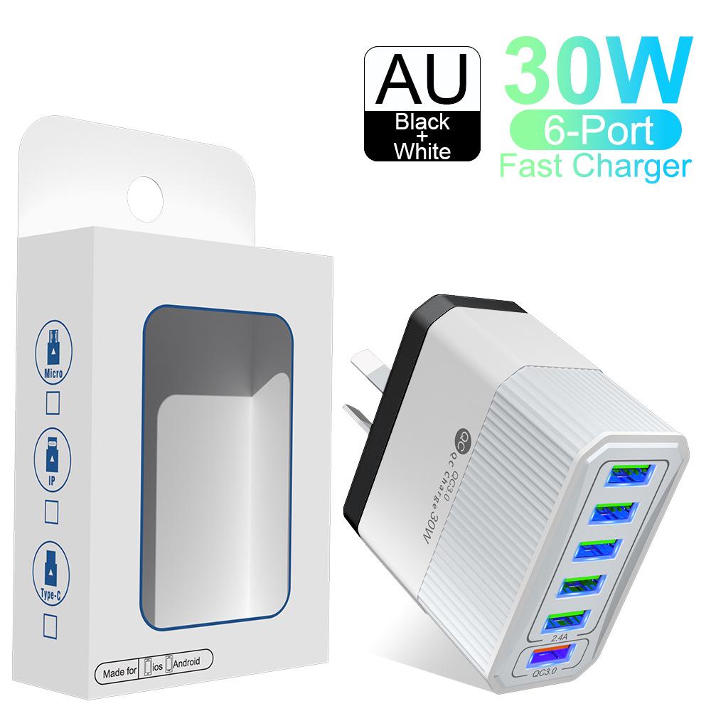 QC3.0 30W Six-Port Fast Charger with EU/US/UK/AU Plugs