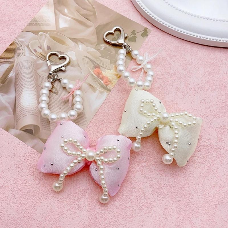 Colorful Keyring Imitation Pearl Beaded Butterfly Phone Chain Stylish Bowknot Charm Keychain Wallet Camera Decoration
