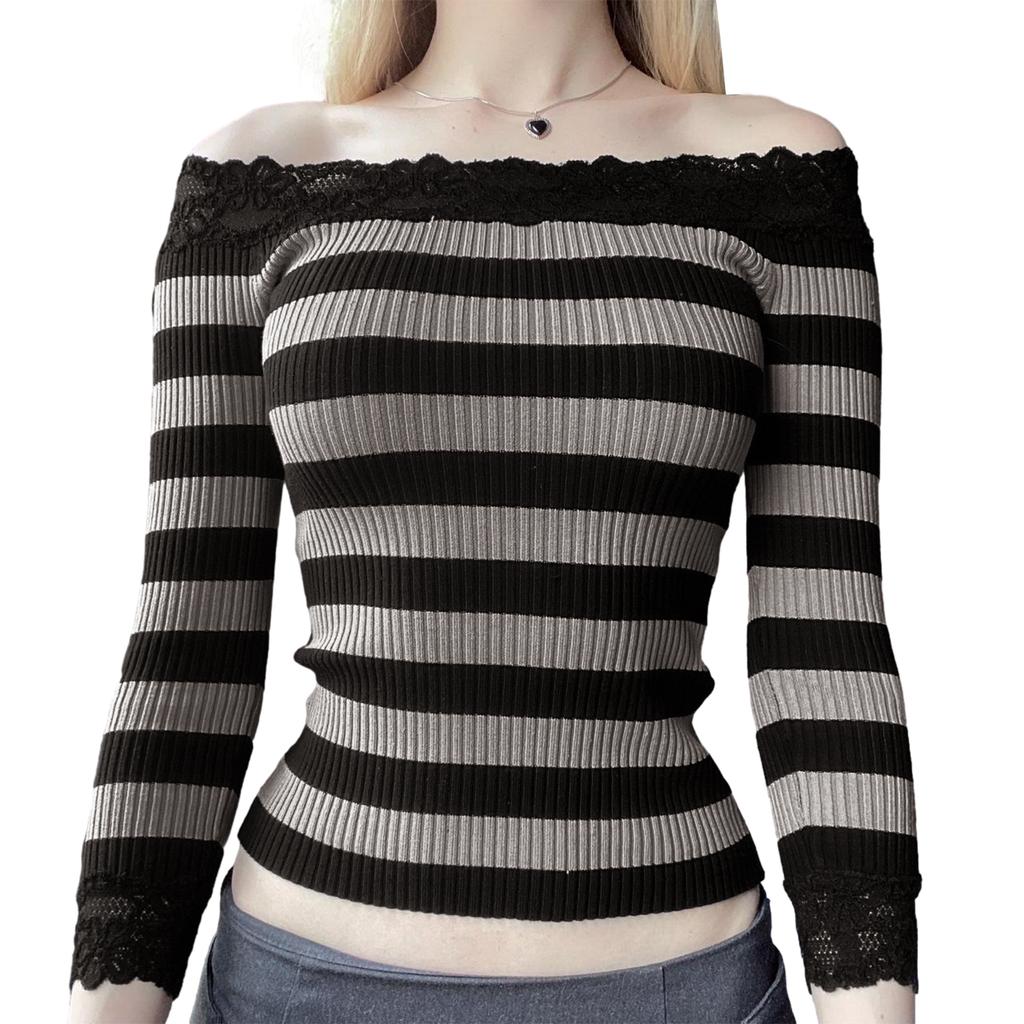 Women Long Sleeve Shirt Striped Off-Shoulder Tops Casual Pullover for Fall Club Streetwear Aesthetic Clothes