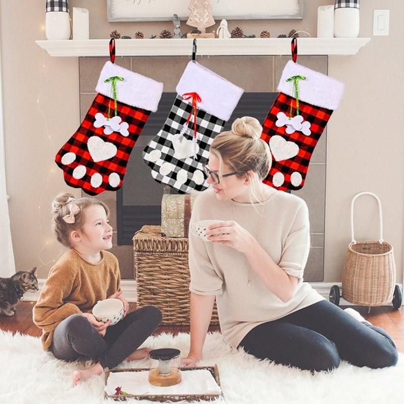 Adorable Red And Black Plaid Dog Paw Christmas Sock Ideal Holiday Gift Bag For Children