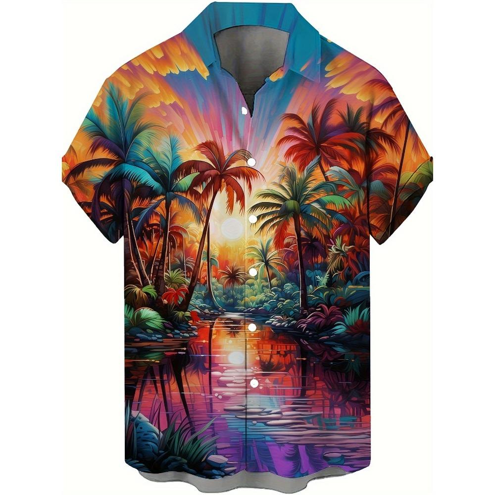 Men's Hawaiian Shirts Summer Casual Hawaiian Palm Tree Landscape Print Button Lapel Short Sleeve Shirts Men's Short Sleeve Shirt