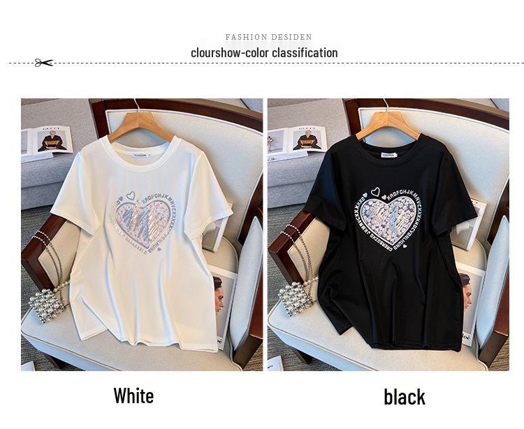 Übergröße Mid-Length Rundhals Kurzarm Schlankmachendes T-Shirt für Damen - Erhältlich in den Größen 200/300/350 jin, Stil 6503.