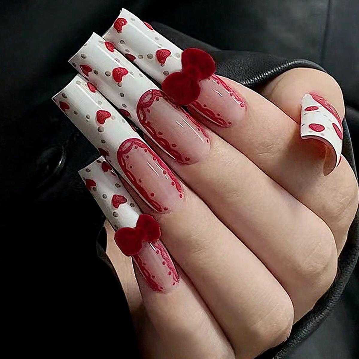 

Wine Red 3D Resin Bow Plush Long Coffin Nails
