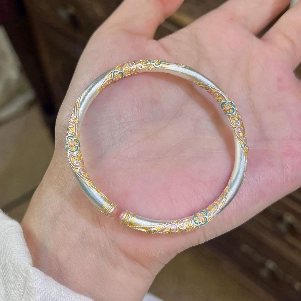 New Four-leaf Clover and Cloud Pattern Chinese-style Enamel Open Bangle, Plated with Pure Silver, Offering a Light Luxury and High-end Feel