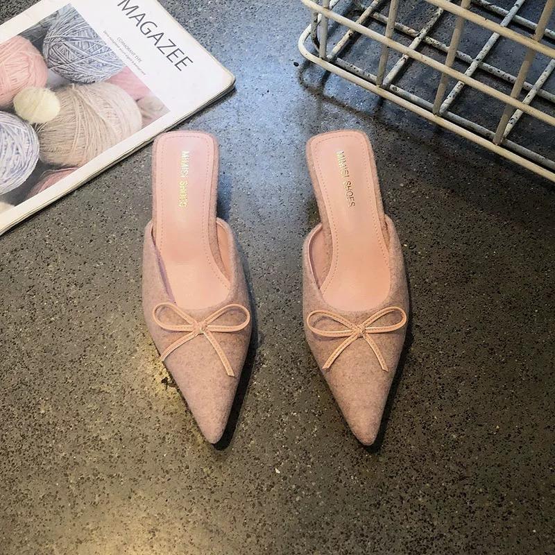 Fashion Aphixta Sweet Butterfly Knot Design Heels Slippers Flannel Upper Pointed Toe Summer Slip On Slides Fashion Green Baby Pink Shoes