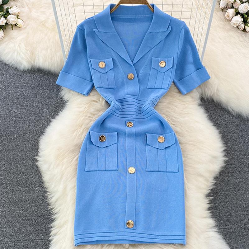 Women's Summer Knit Polo Collar Dress with Metal Buckle & Pockets - White, High-Quality Designer