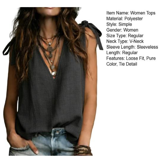 Women Tops V-Neck Sleeveless Tie Detail Bohemian Lace-Up Tunic Shirt Solid Color Soft Fabric Casual Blouse