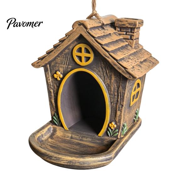 Wild Bird Feeder for Garden House Shape Hanging Outdoor Decor, Weatherproof Resin Ornament Lovers with Large Capacity Tray & Hemp Rope Yard