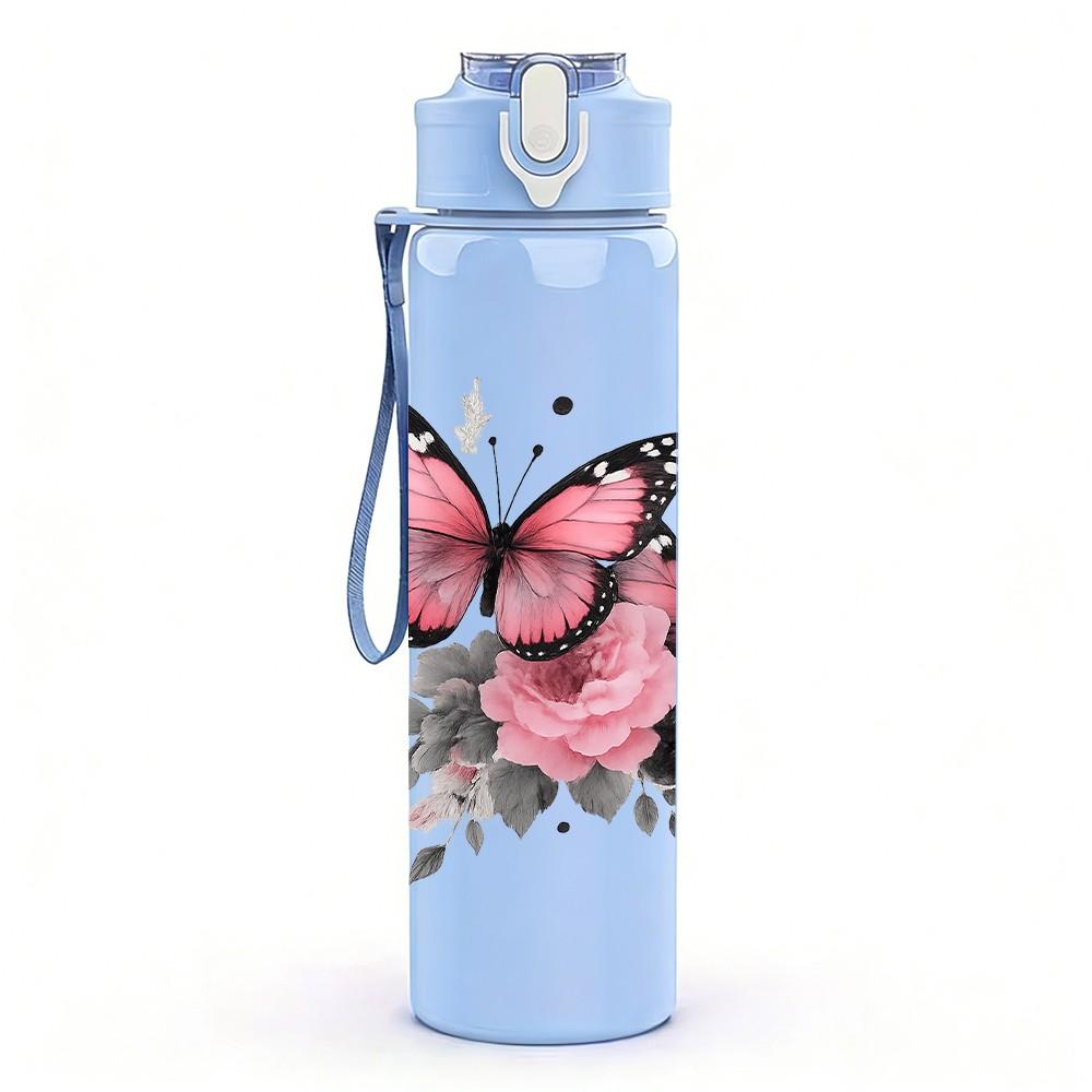 1PC Pink Butterfly Flower Art Print 750ml Color Plastic Sports Water Bottle Leakproof Flip Straw Lid Suitable for Sports Office Home Use