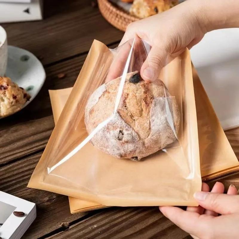 100Pcs Half Clear Plastic Kraft Bread Bag Individual Croissant Loaf Bread Donut Pandesal Pastry Bag