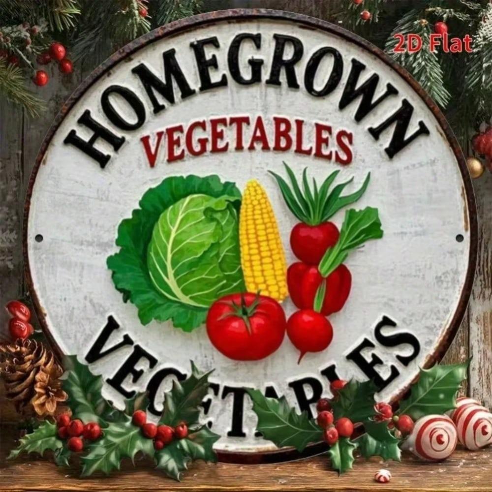 Vintage Home Grown Vegetables Circular Metal Wall Sign Farmhouse Kitchen Decor