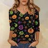 Women's Three-Quarter Sleeve V-Neck Top with Halloween Print for Casual