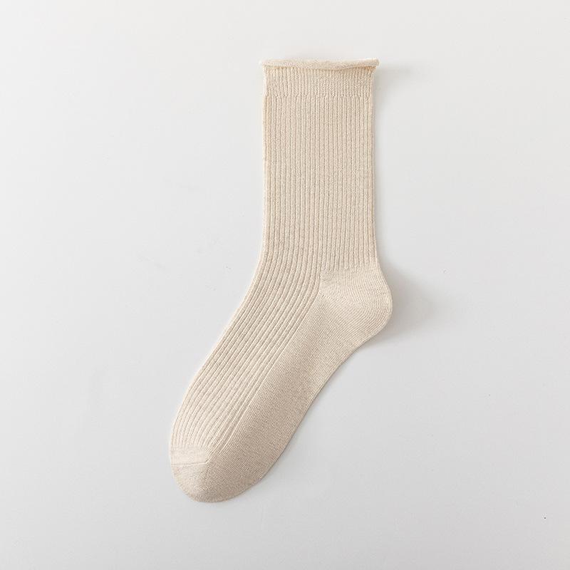 Female Autumn New Solid Color Curled Edge Breathable Wicking In The Tube Pile Pile Cotton Socks