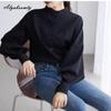 Korean Fashion Spring Autumn Women Blouse Stand Collar White Black Blue Khaki Loose Casual Shirt Lantern Sleeve Stylish Elegant Blouse