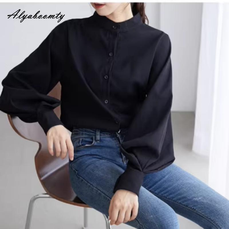 Korean Fashion Spring Autumn Women Blouse Stand Collar White Black Blue Khaki Loose Casual Shirt Lantern Sleeve Stylish Elegant Blouse