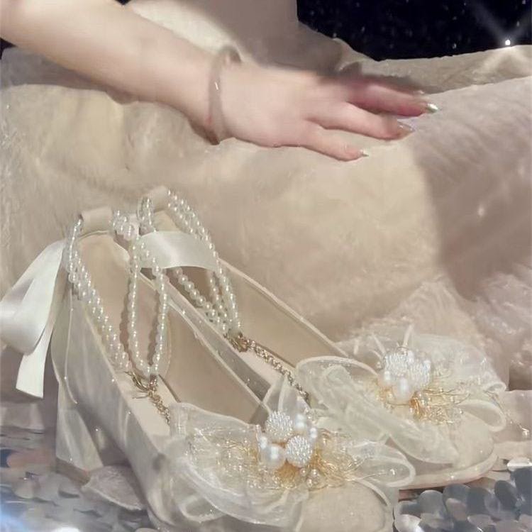 Women's High-Heeled Shoes Everyday French-Style Dresses Niche Evening Looks Mary Jane Shoes White Wedding Shoes, Chunky Heels, Versatile Styles