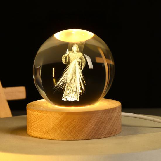 3D Hands Prayer Faux Crystal Ball with Wooden Base Clear Engraved Prayer Hand Ball Night Light Religious Christian Gifts for Women Men
