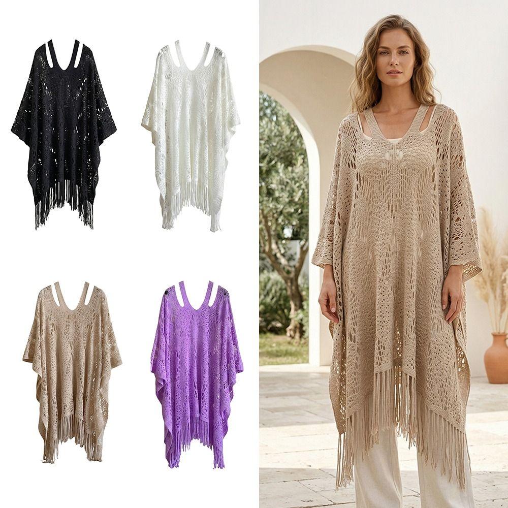 Tassels Bohemian Shawl Plus Size Crochet Top Women Casual Knit Hollow Out Top Streetwear