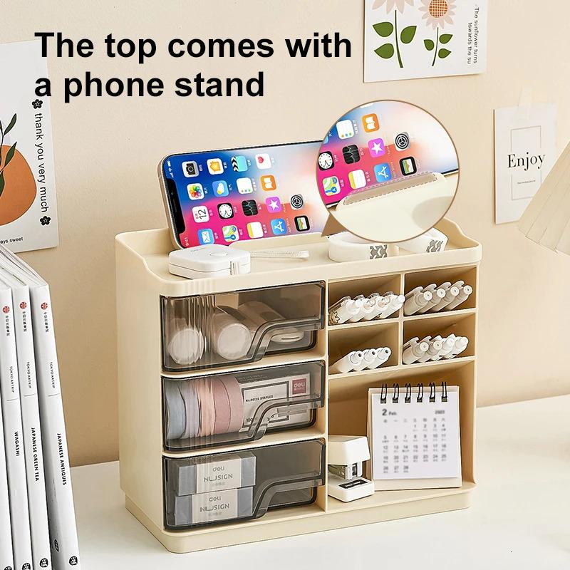 Multi-layer Drawer Type Household Storage , Office Transparent Large Capacity Cream Wind Stationery Storage Box