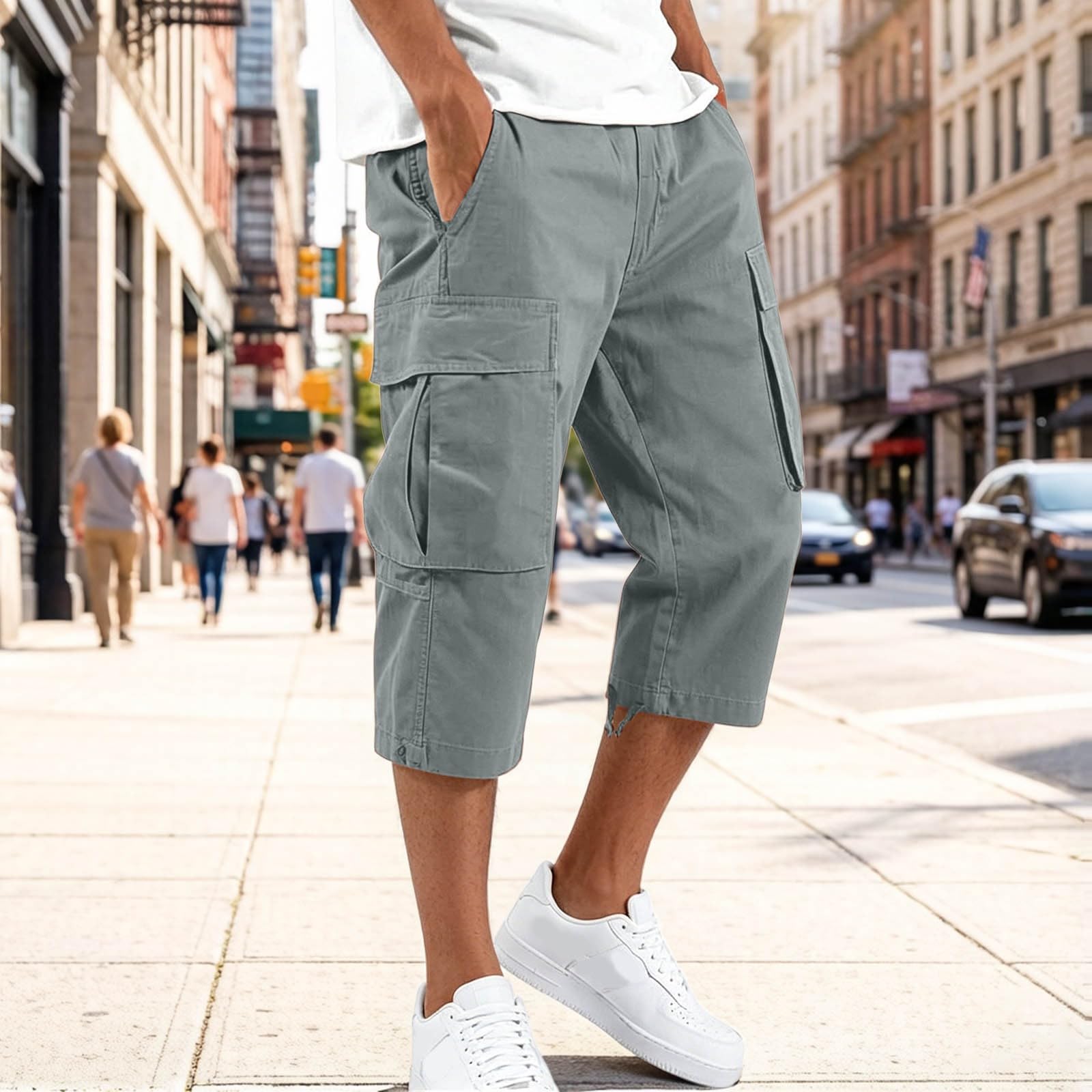Men Cargo Pants Casual Workwear Drawstring Hem Knee Length Cotton Blend Multi Pocket Utility Trousers M