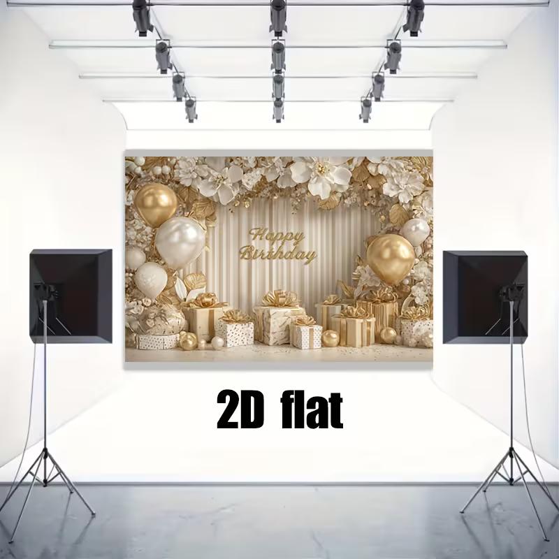 2D White Gold Floral Birthday Backdrop Home Party Celebration Photo Background