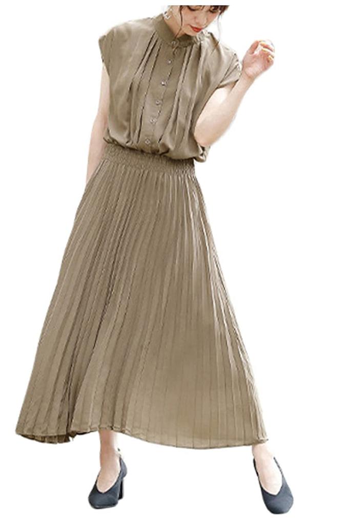 French Sleeve Pleated Casual Fashion Dress Gradient Elegant Short Sleeve Bow Tie Waist Midi Dress [JINJUDUO] Women's