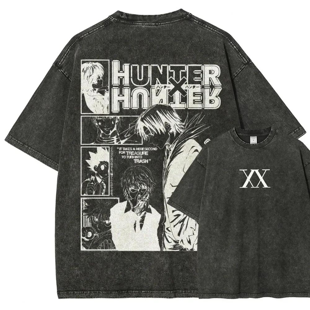 Anime Hunter X Hunter Killua Printed Tee Men Short Sleeve Cotton Tshirts Vintage Washed T-shirt Harajuku Male Oversized T Shirt S
