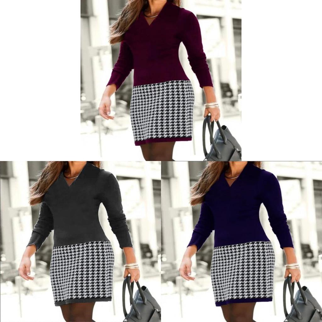 Elegant Polyester Knit Long Sleeve Vneck Patchwork Dress For Winter