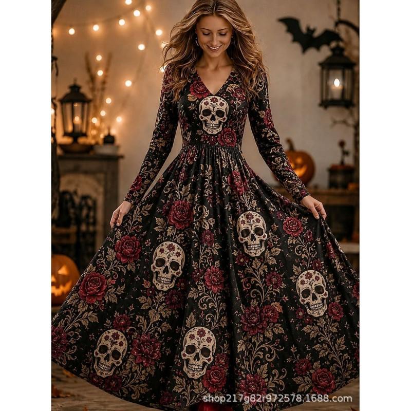 2026 Halloween Womens V-Neck Long Sleeve Maxi Dress With Ghost Pumpkin Witch Print High-Waist Loose Fit Party Gown
