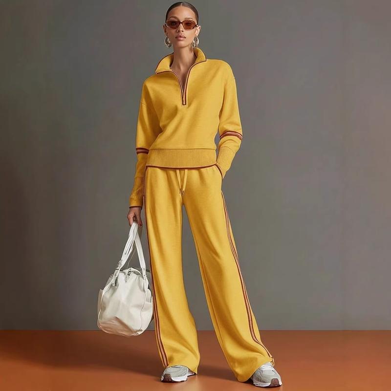 Ensemble de survêtement deux pièces pour femme Sweatshirt à demi-fermeture éclair et col montant Pantalon large à cordon de serrage Rayure contrastante Tenue de sport décontractée