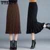 Women's Autumn Winter Knitted Pleated Skirts Office Ladies Solid Color Thickened Woolen Elastic High Waist A-line Long Skirts