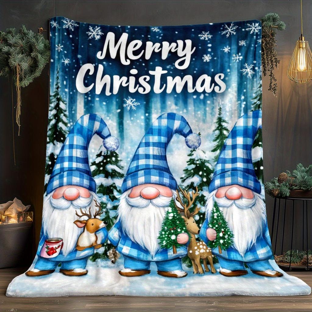 1pc Merry Christmas Gnomes Snow Forest Fleece Blanket Holiday Themed Soft Plush Throw Winter Gift for Family