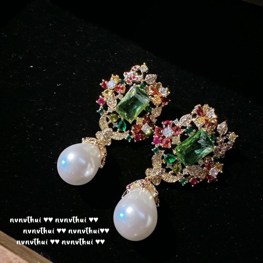 Mojito Emerald Butterfly Earrings, Happy Rich Woman, 18K Gold Duobao Thistle Flower Zircon Pearl Earrings