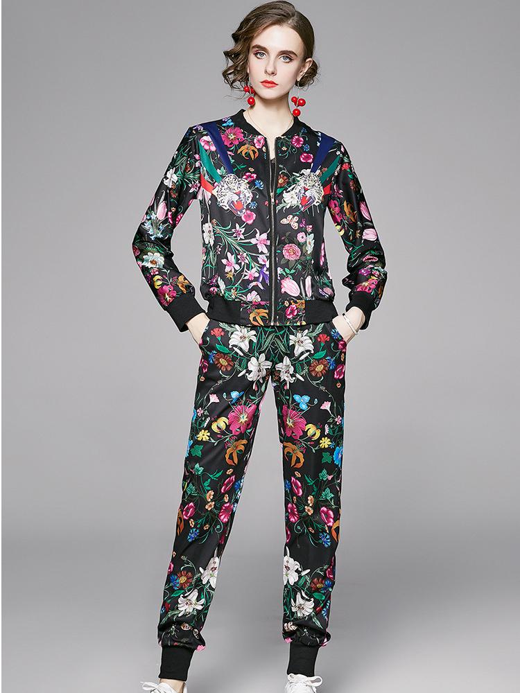 Spring Autumn Fashion Designer Print Runway Trousers Outfits Women Zipper Jacket Coat and Elastic Waist Pant Two Piece Set Thin Tracksuit