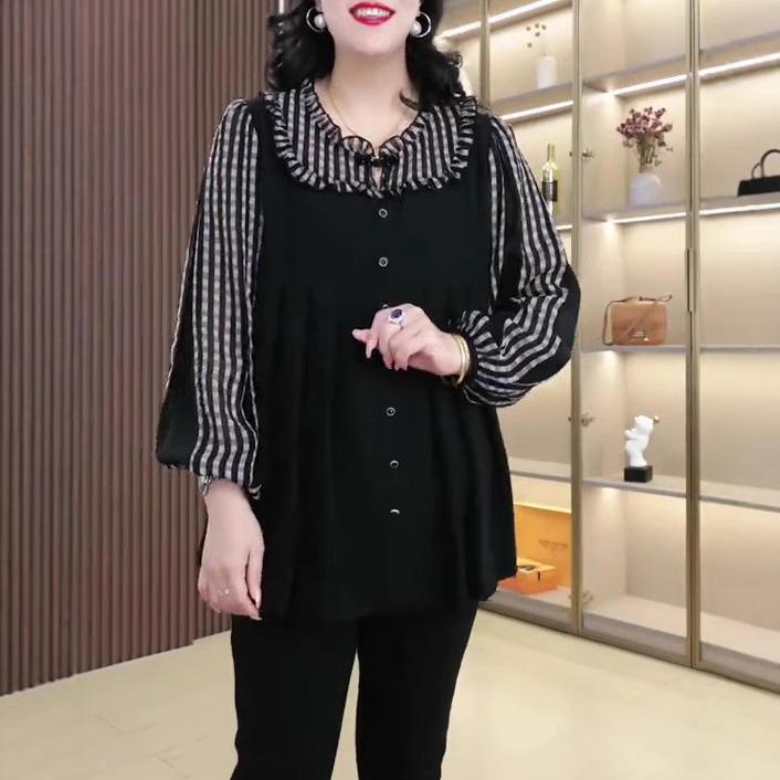 

2025 Spring Chic Loose Plus Size Chiffon Shirt for Women 5XL (200-220 jin) чорний