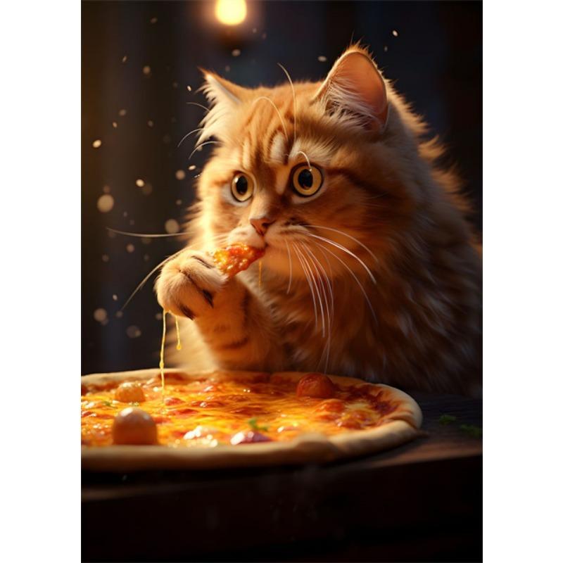 Funny Cat Eating Pizza Canvas Prints Posters Mural Cute Pet Kitten Pizza Poster Canvas Wall Art Painting Pictures for Home Decor
